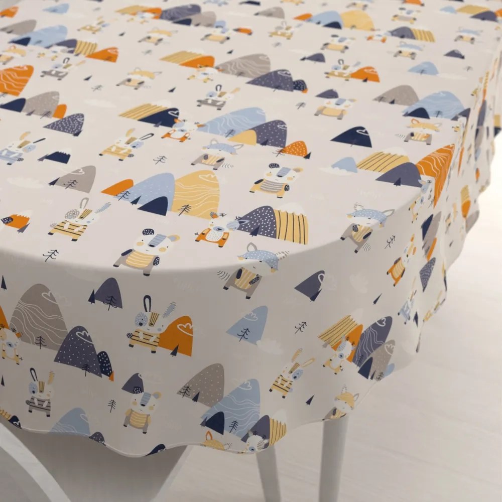 Biante Detský bavlnený oválny obrus Sandra SA-613 Modro-oranžové lesné zvieratká na bledo sivom 60x100 cm