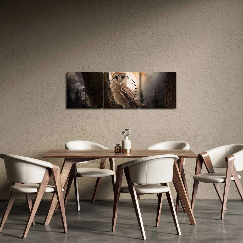 Obraz sovy (s hodinami) (90x30 cm)