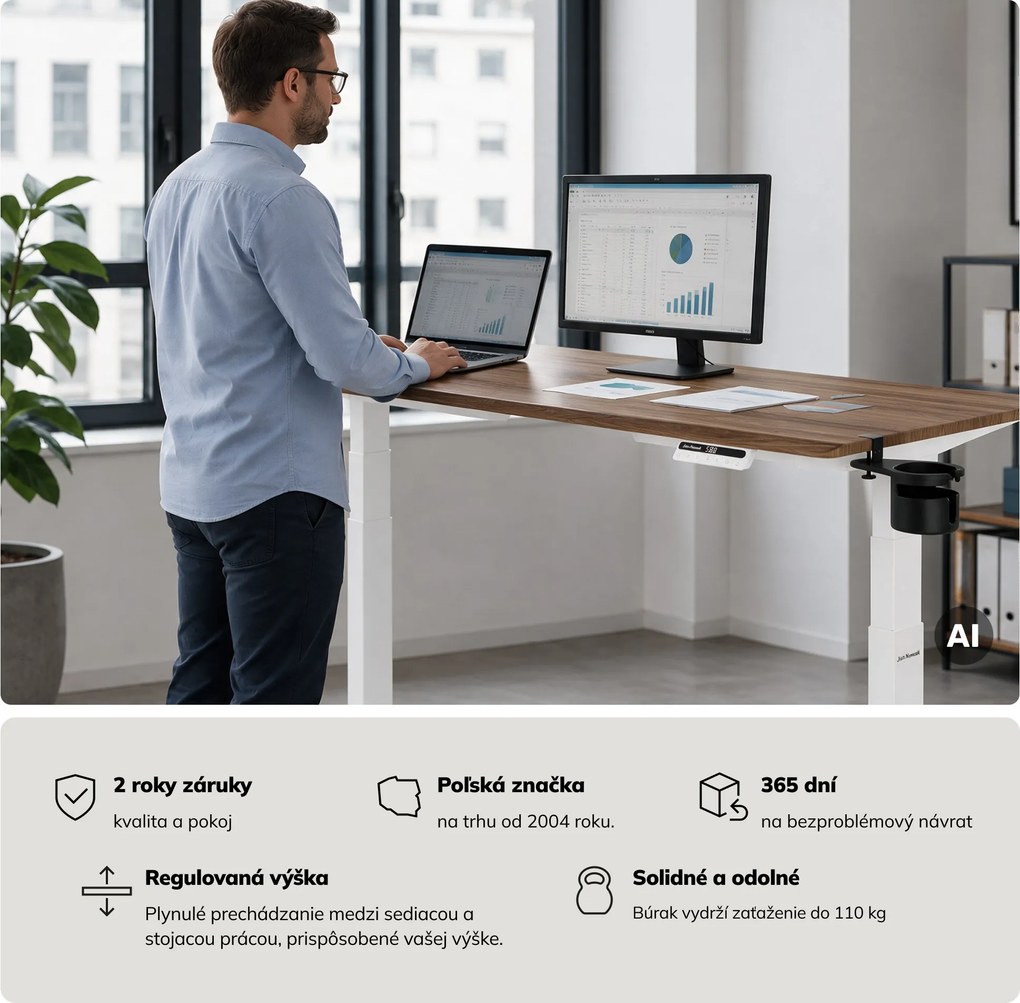 Elektrický stôl s nastaviteľnou výškou ergonomický biely/orech,1600x800 mm: ARIA
