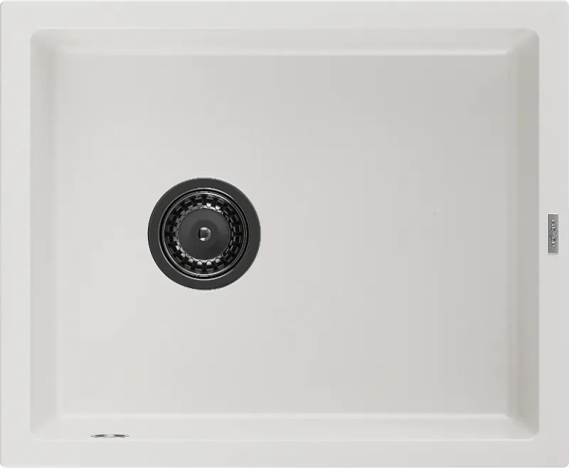 Mexen Pedro, granitový drez 560x460x200 mm, 1-komorový, biela s čiernym sifónom, 6508561000-20-B