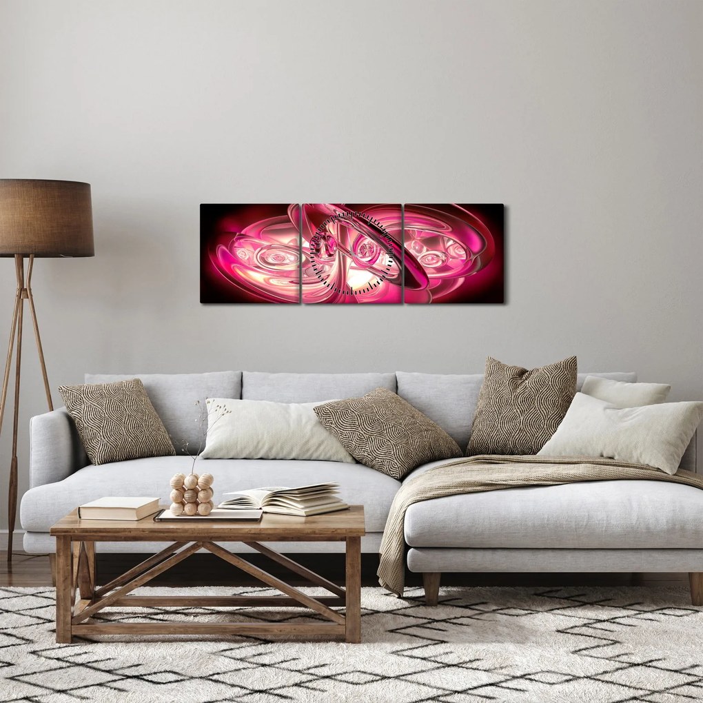 Obraz ružových fraktálov (s hodinami) (90x30 cm)