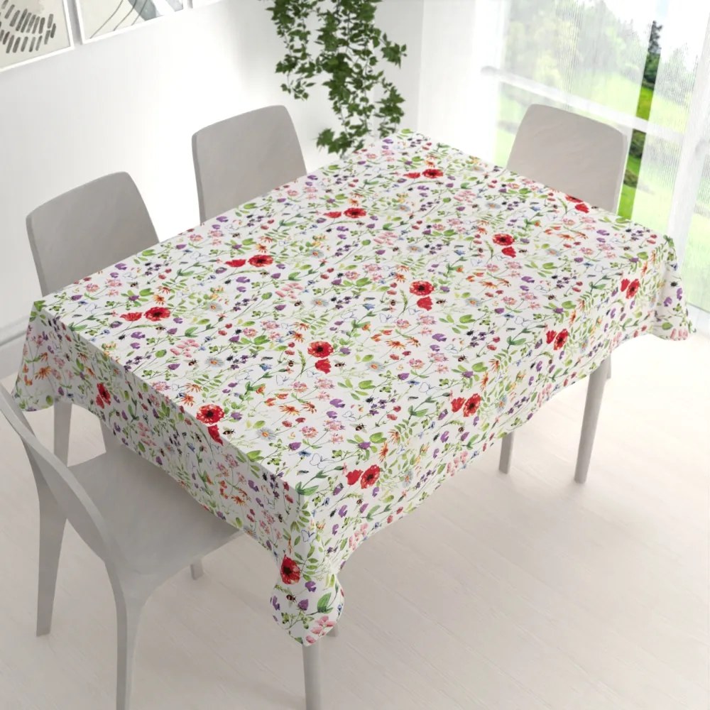Biante Bavlnený obdĺžnikový obrus Sandra SA-608 Červeno-fialové lúčne kvety s motýlikmi a čmeliakmi na bielom 140x160 cm