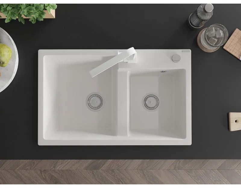 Mexen Tomas, granitový drez 800x500x190 mm, 2-komorový a biela batéria Rita, biela, 6516-20-670300-00