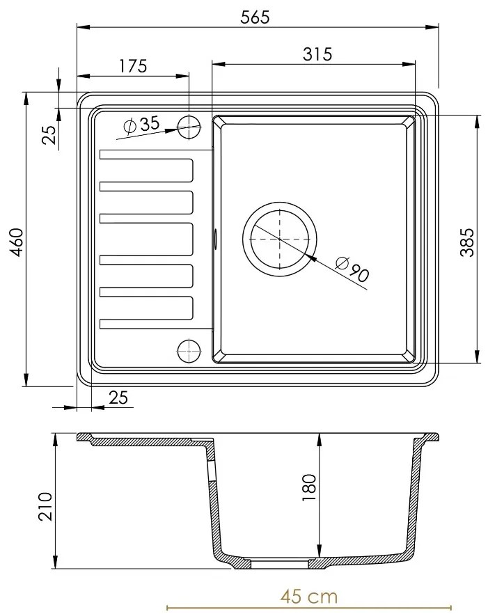 Sink Quality Sapphire, granitový kuchynský drez 565x460x210 mm + chrómový sifón, 1-komorový, biela, SKQ-SAP.W.1KKO.X