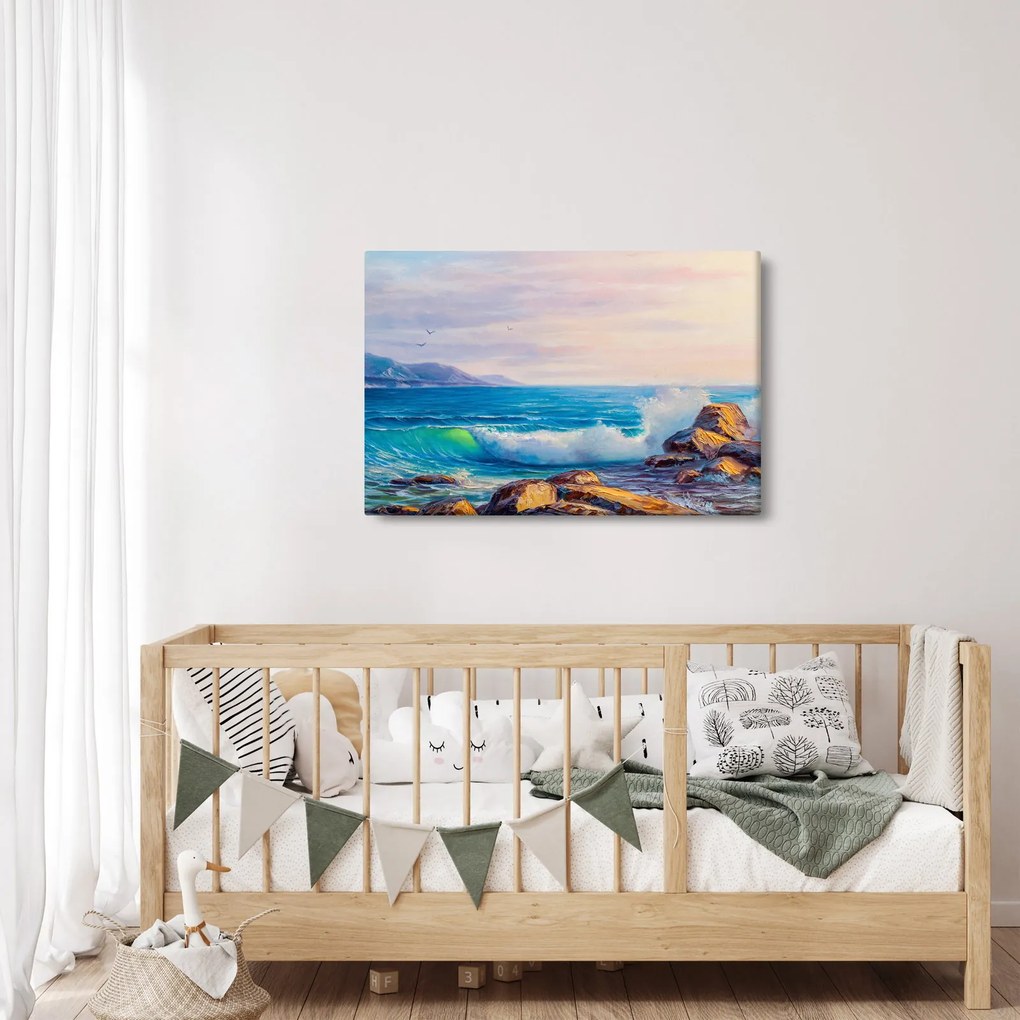 Obraz vĺn narážajúcich na útesy, olejomaľba (90x60 cm)