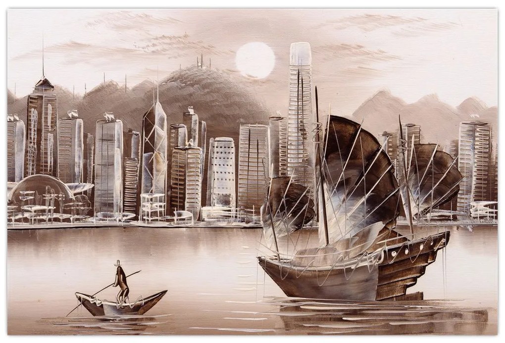 Obrázok - Victoria Harbor, Hong Kong, sépiový efekt (90x60 cm)