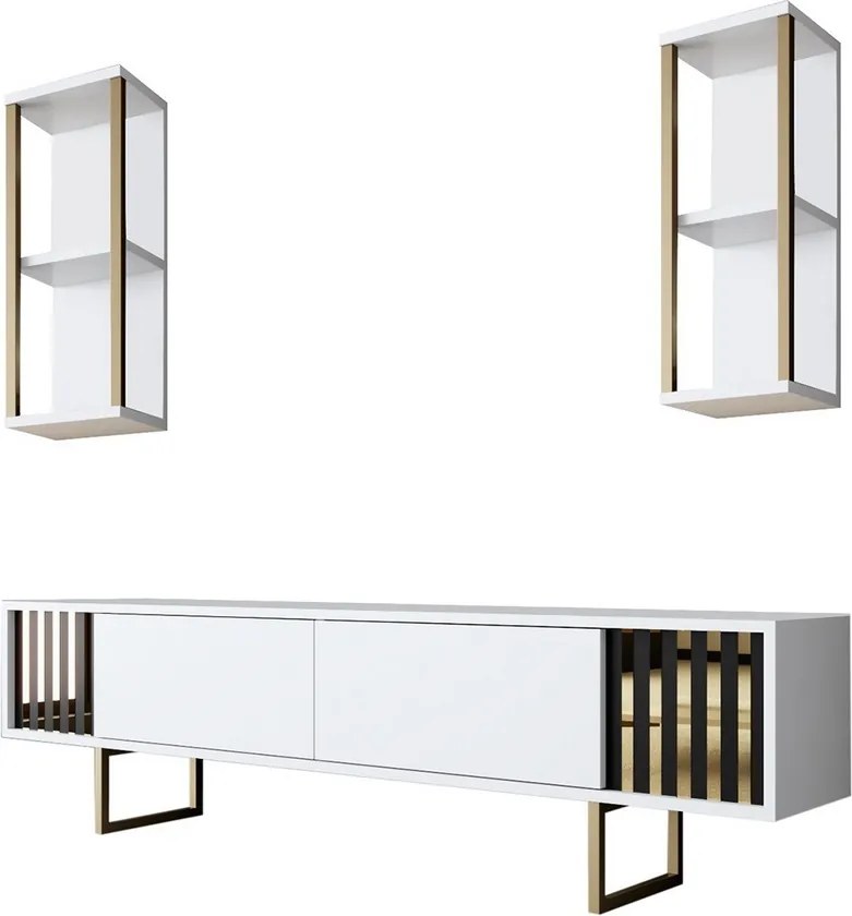 TV stolík s policami Biela a zlatá línia