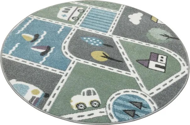 Detský koberec C262A Ulice svetlosivý / zelený / tyrkysový kruh