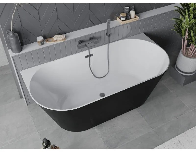 Mexen Oval Slim, voľne stojaca vaňa ku stene, 170 x 80 cm, biela-čierna, grafitový prepad, 52661708075-95