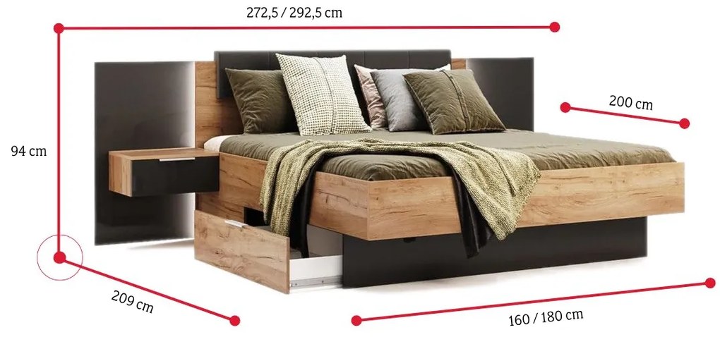 Posteľ DOTA + nočné stolíky + matrac MORAVIA, 160x200, lava mat / dub kraft