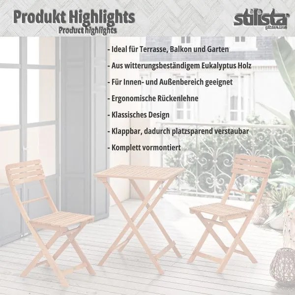 STILISTA záhradný bistro set 2 stoličky + stôl, drevo