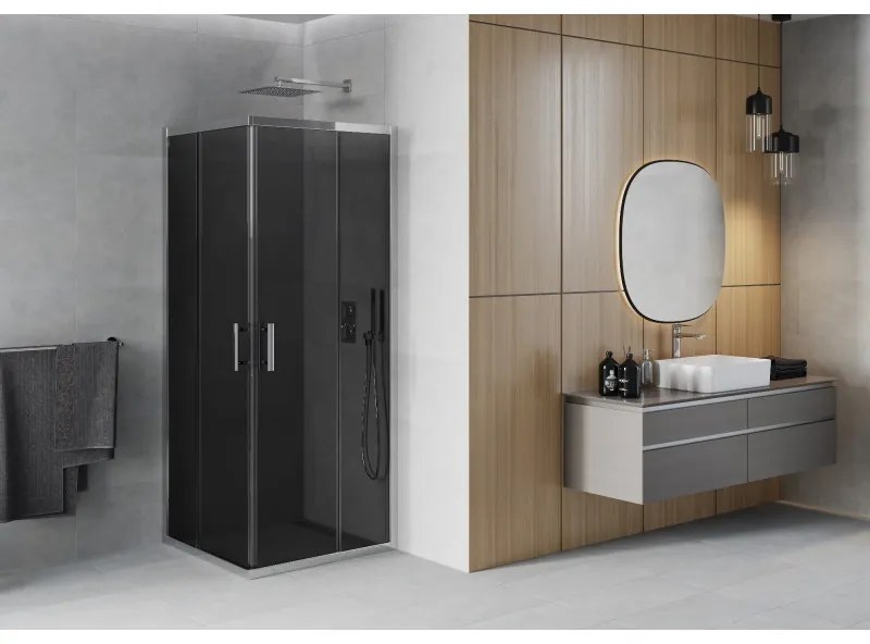 Mexen Rio, štvorcový sprchovací kút s posuvnými dverami 70(dvere) x 70(dvere) x 190 cm, 6mm šedé sklo, chrómový profil, 860-070-070-01-40