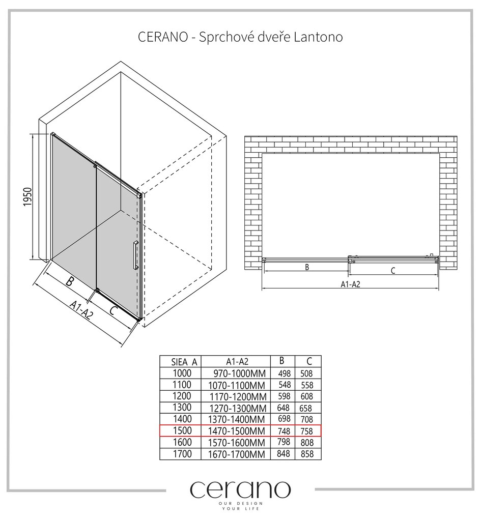 Cerano Lantono, posuvné dvere do otvoru 150x195 cm, 8mm číre sklo, čierny matný profil, CER-CER-432055