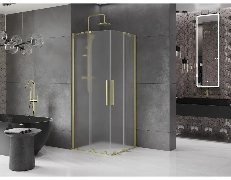 Mexen Velar Duo, sprchový kút s posuvnými dverami 90 x 90 cm, 8mm sklo námraza, zlatá matná, 871-090-090-32-55