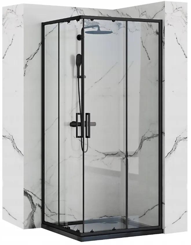 Rea Punto, sprchovací kút 90x90x190 cm, 5mm číre sklo, chrómový profil + čierna sprchová vanička Savoy, KPL-K1008