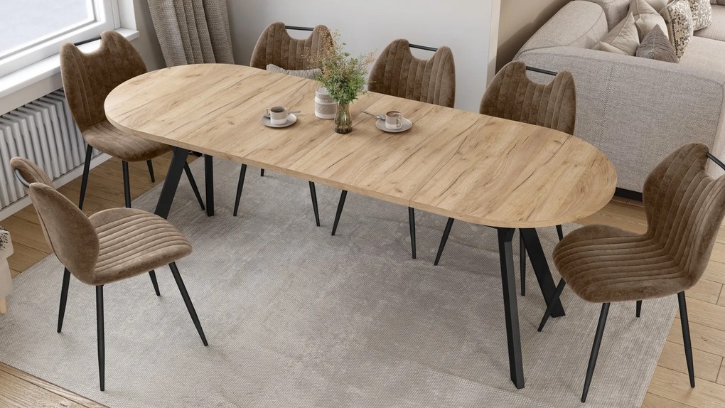 Mazzoni ALMO Dub Craft zlatý / čierne nohy - OVÁLNY ROZKLADACÍ STÔL 120-220 cm PRE 10-12 OSÔB