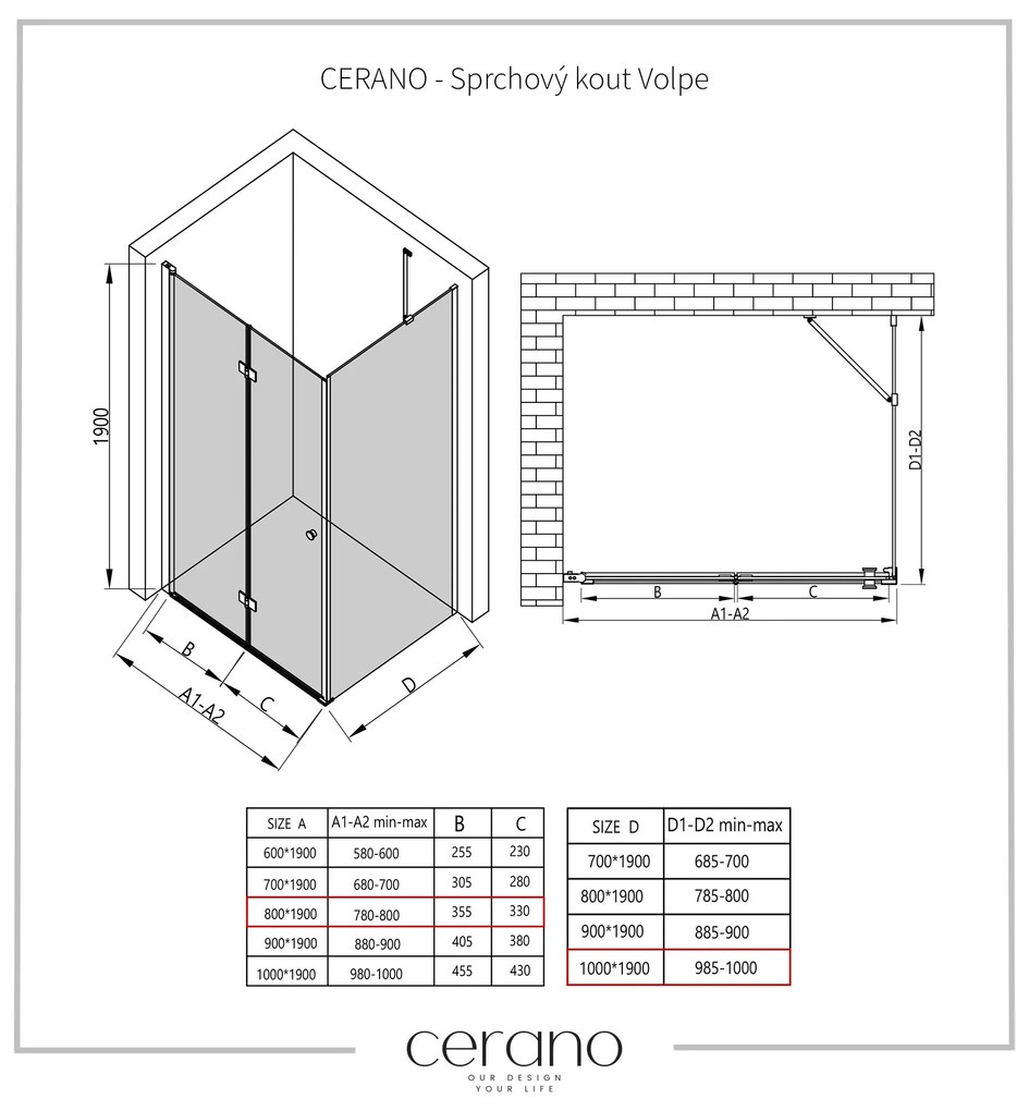 Cerano Volpe, sprchovací kút so skladacími dverami 80(dvere) x 100(stena), 6mm číre sklo, čierny profil, CER-CER-427324