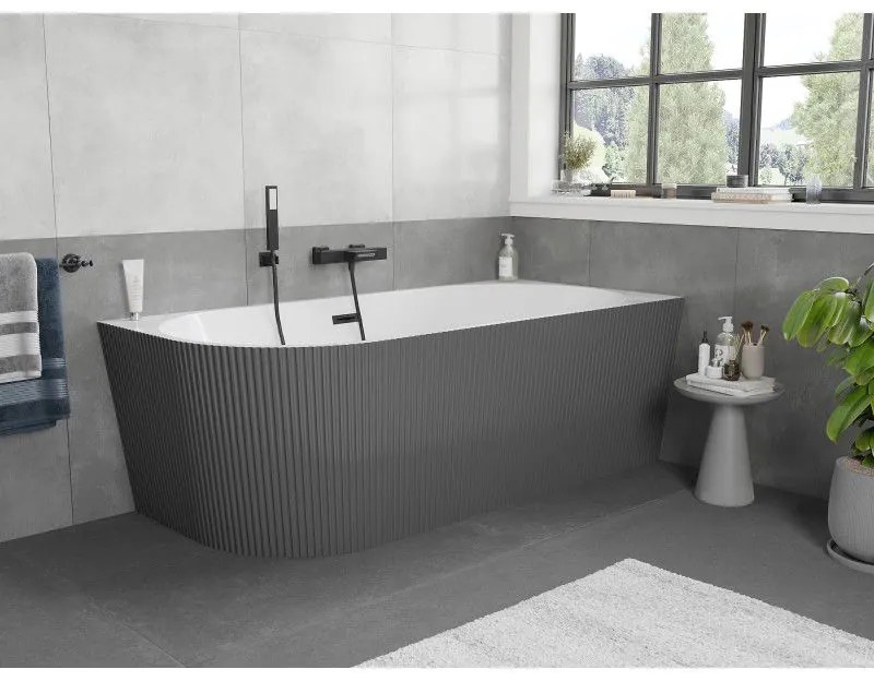 Mexen Silo, rohová voľne stojaca ryhovaná vaňa, pravá, 150 x 75 cm, biela-šedá, čierny matný prepad, 52891507562P-70
