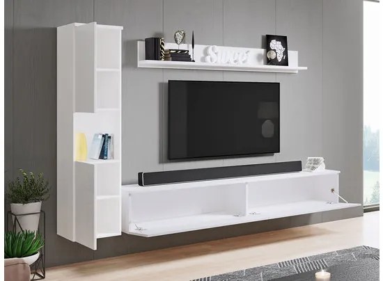 Obývacia stena Bamisio BR, Farby: biela / biely lesk, Osvetlenie: osvetlenie LED biele