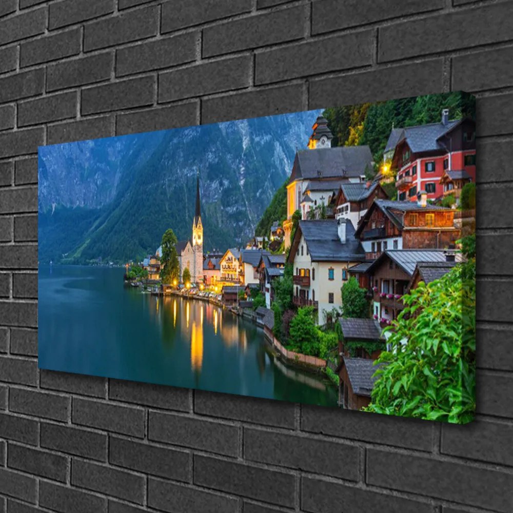 Obraz Canvas Hory mestečko noc jazero 140x70 cm