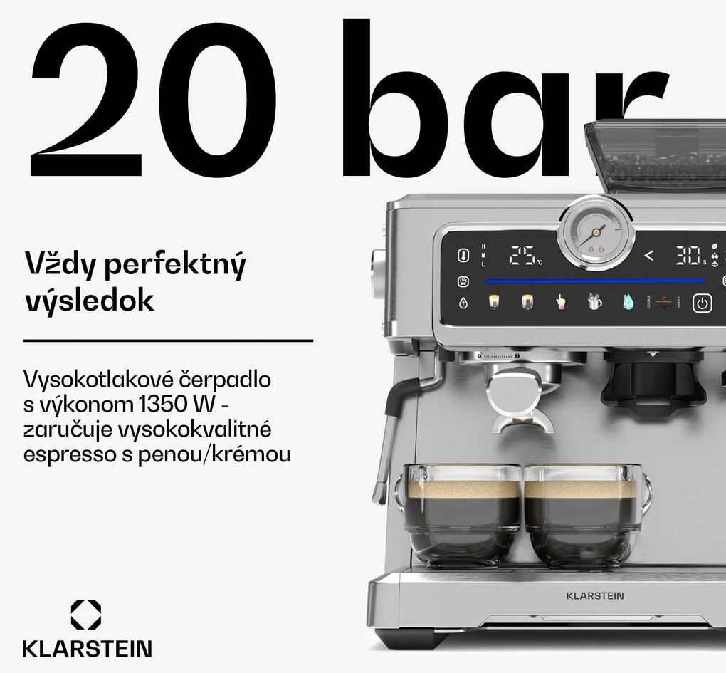 Klarstein GrandPresso Touch kávovar, 20 barov, integrovaný mlynček, indikátor tlaku, mliečna pena