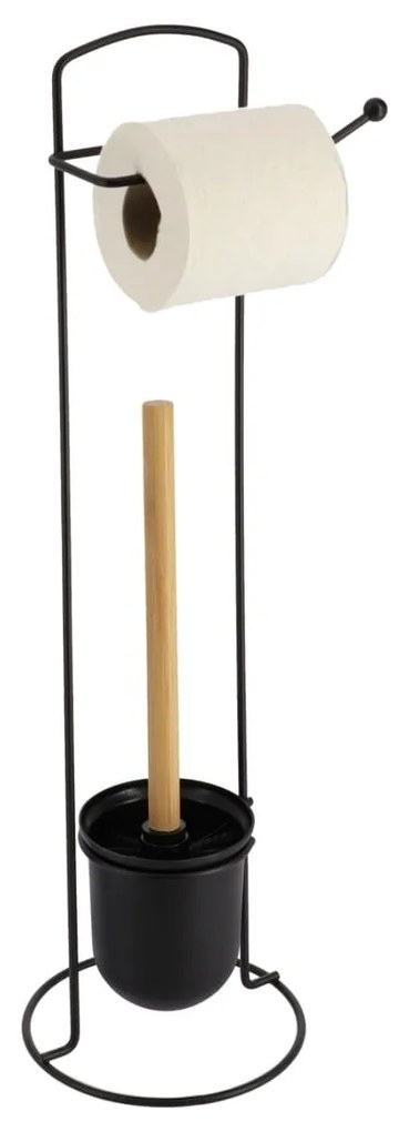 Stojan na toaletný papier a WC kefu Black Bamboo, čierna/s drevenými prvkami, O