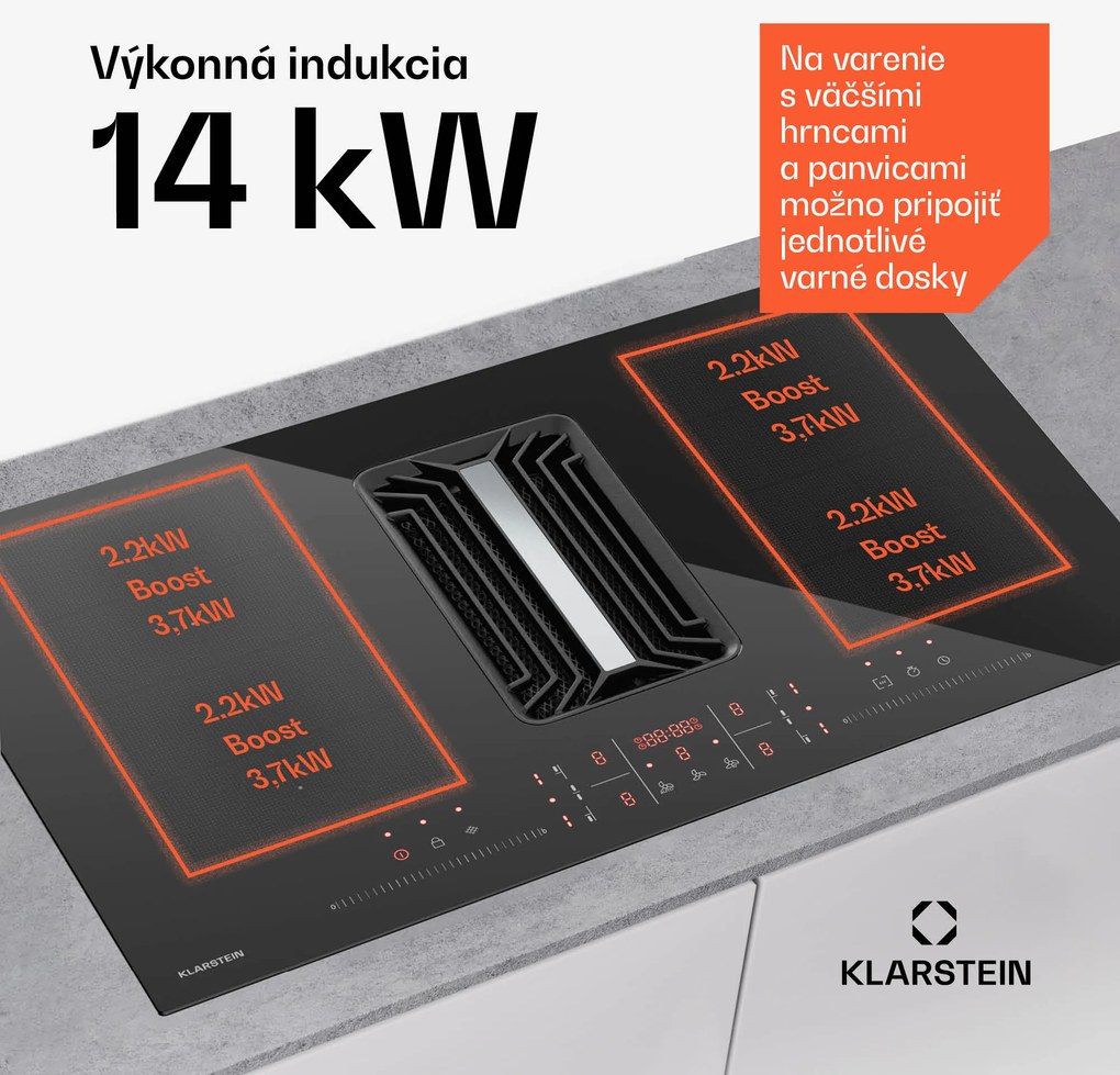 Klarstein AirJet FlexPro Down Air System | indukčná varná doska + odsávač pár | Flexzóna | Booster