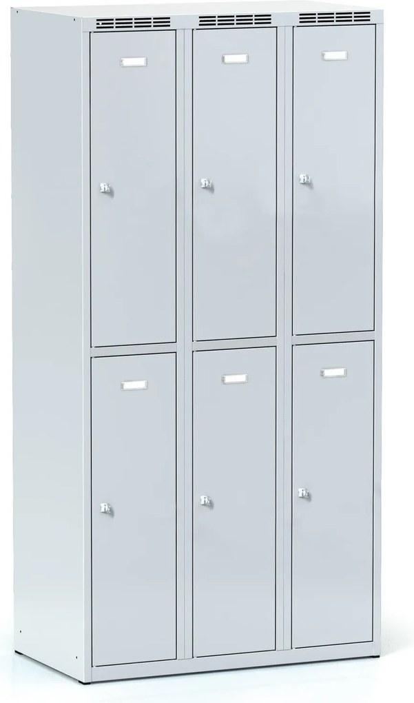 Kovová šatníková skrinka S6 s úložnými boxami, 6 boxov, 1800 x 900 x 500 mm, otočný zámok, sivé dvere