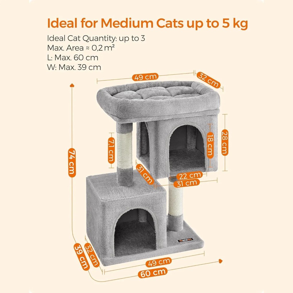 Mačací strom pre stredné mačky do 5 kg, veľkosť M, 2 mačacie jaskyne, svetlosivý