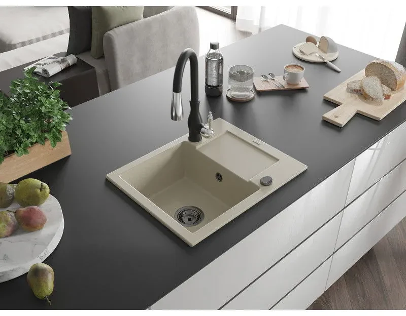 Mexen Enzo, 1-komorový granitový drez 576x465x174 mm a drezová batéria Savita, béžová, 6506-69-672601-70