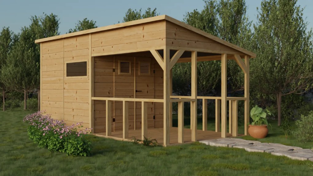 Drevený domček NARCIS s terasou (2,7 × 5,2 m)