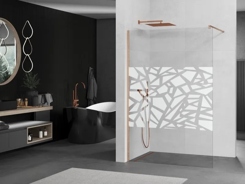 Mexen Kioto, sprchová zástena Walk-In 130 x 200 cm, 8mm číre sklo biely vzor, medený matný profil, 800-130-101-65-85