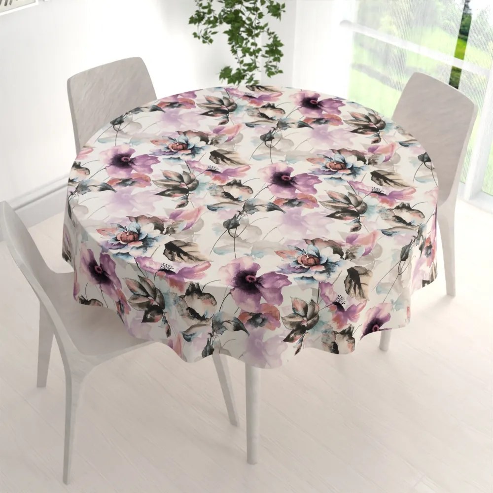 Biante Zamatový okrúhly obrus Tamara TMR-050 Abstraktné fialové kvety na smotanovom Ø 80 cm