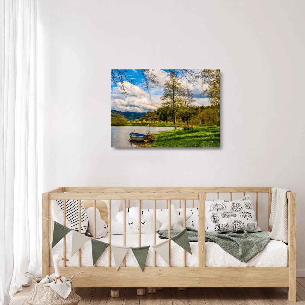 Sklenený obraz loďky pri jazere (70x50 cm)