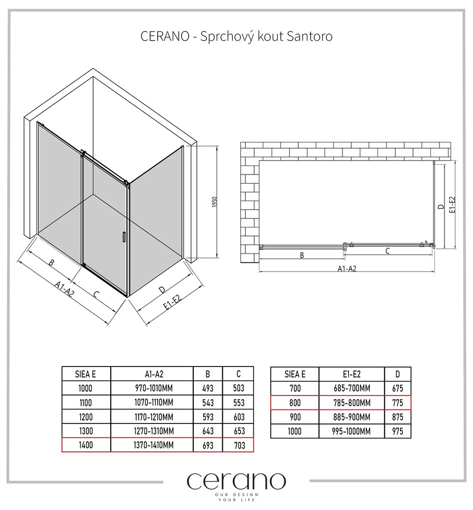 Cerano Santoro, sprchovací kút s posuvnými dverami 140(dvere) x 80(stena) x 195 cm, 6mm číre sklo, chrómový profil, CER-CER-425440