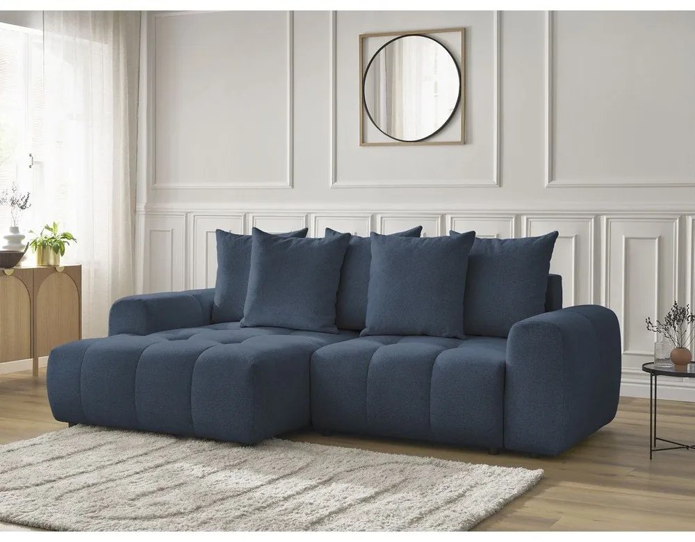 Modrá ženilková rozkladacia/s úložným priestorom rohová pohovka (ľavý roh/s leňoškou) Roxelane – Bobochic Paris