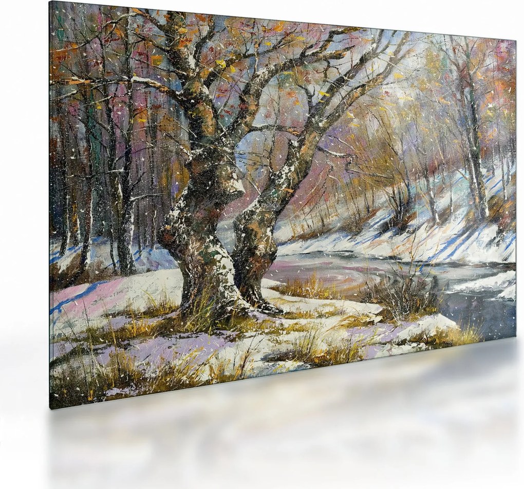 Sklenený obraz maľovanej zimnej krajiny (70x50 cm)