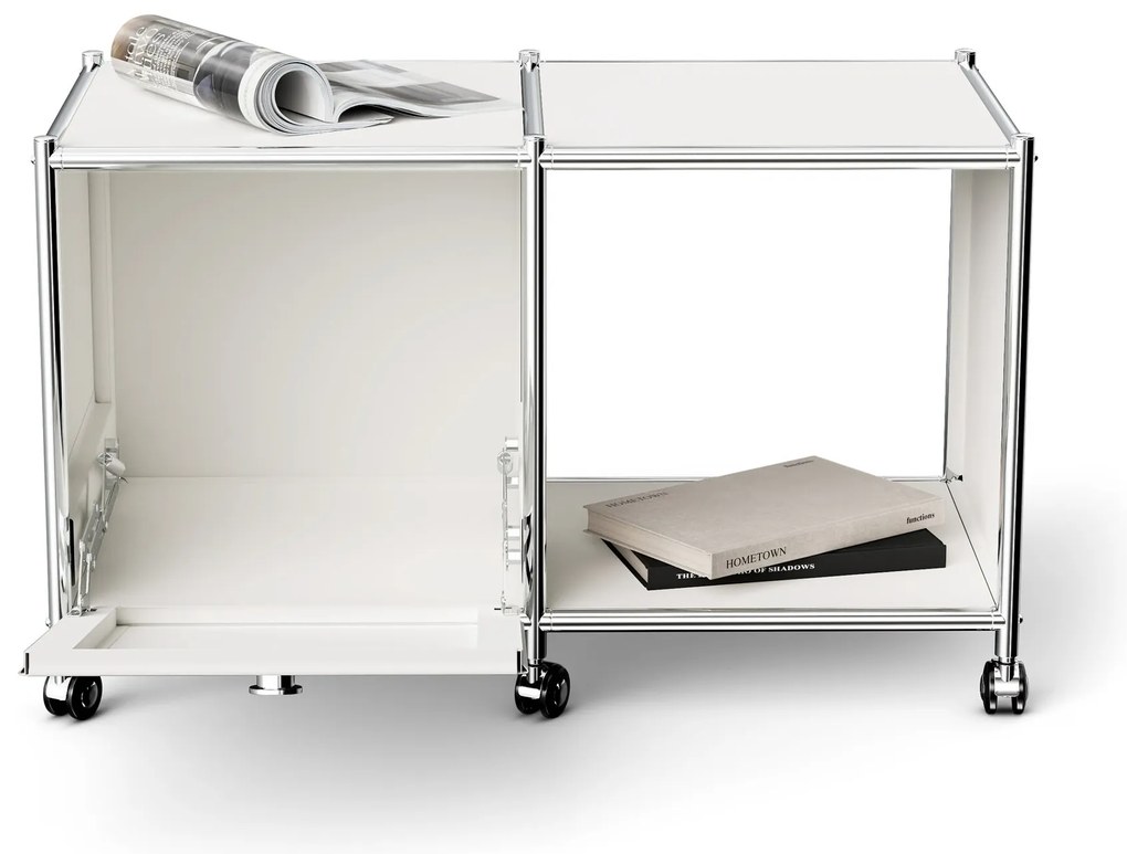 Kovový nočný stolík »CN3« s 1 výklopným priečinkom a kolieskami, biely