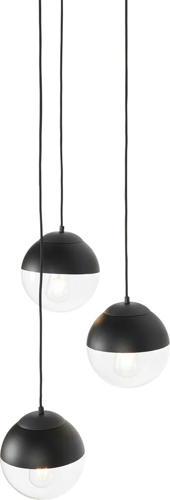 Retro závesné svietidlo čierne s čírym sklom okrúhle 3-svetlo - Eclipse