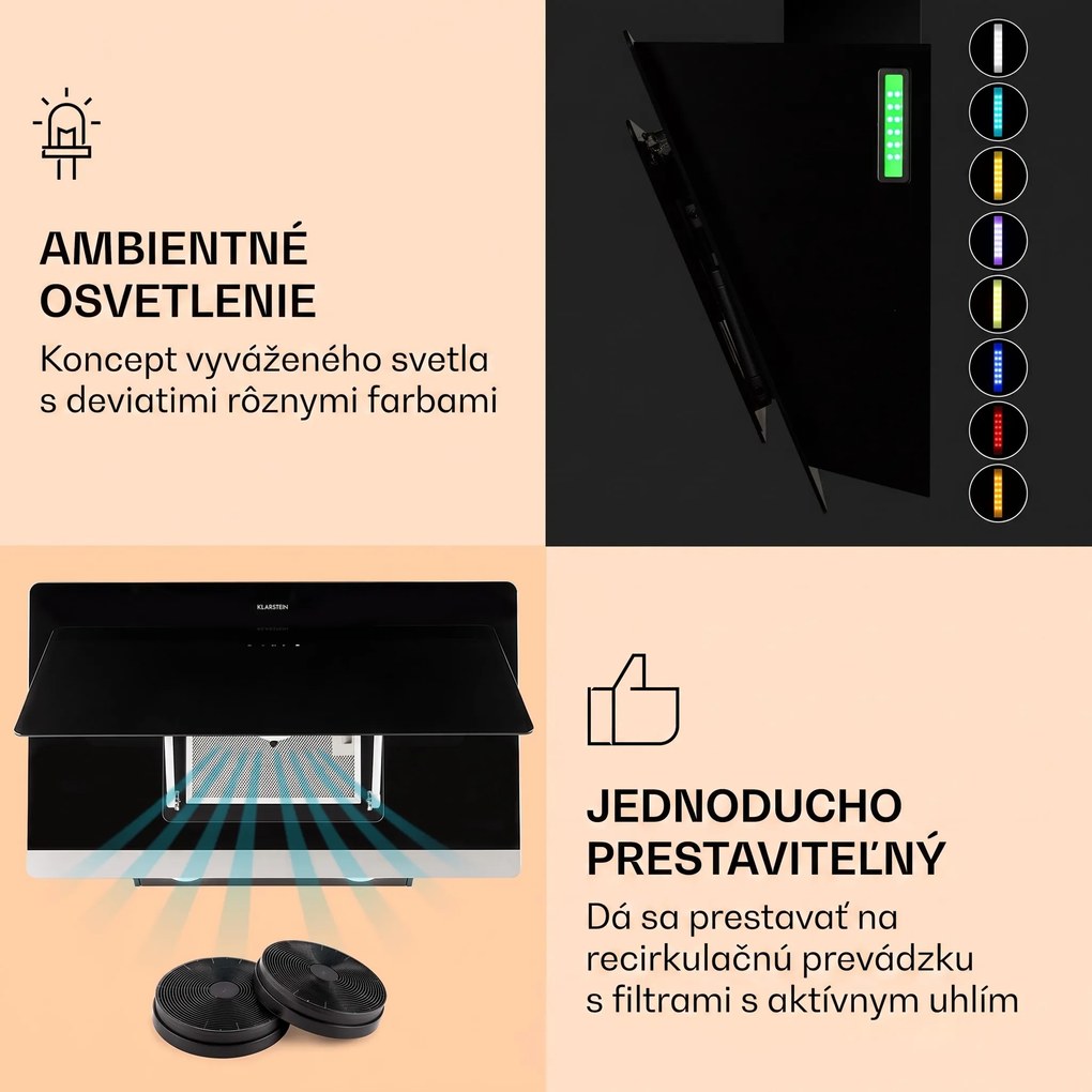 Klarstein Aurora Eco 90, digestor, 90 cm, nástenný, 585 m³/h, A+, dotykové ovládanie, čierny