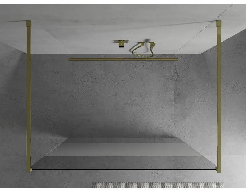 Mexen Kioto, priechodná sprchová zástena 140 x 200 cm, 8mm sklo číre/námraza, 2x zlatá stabilizačná rozpera, 800-140-002-50-35