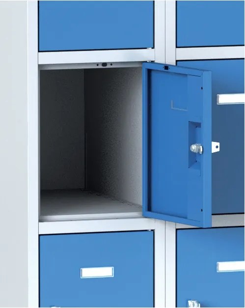 Šatníková skrinka S6 s úložnými boxami, 5 boxov, 1800 x 300 x 500 mm, otočný zámok, oranžové dvere