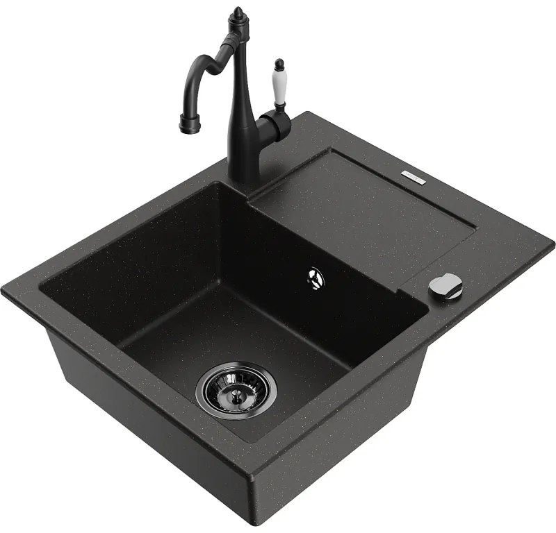 Mexen Enzo, granitový drez 576x465x174 mm, 1-komorový a drezová batéria Carla, čierna-zlatá metalíza, 6506-75-670700-70-B