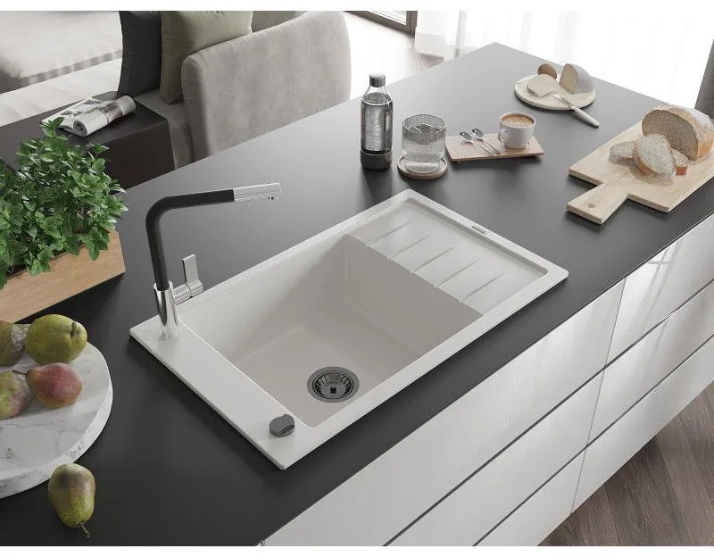Mexen Elias, 1-komorový granitový drez 795x480x200 mm a drezová batéria Flora, biela, 6511-20-670401-07-B