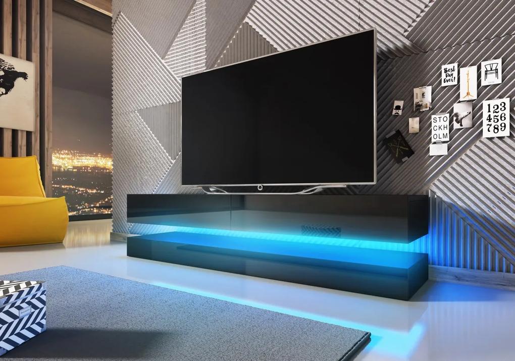 TV stolík Fly s LED osvetlením 140 cm čierny mat/čierny lesk