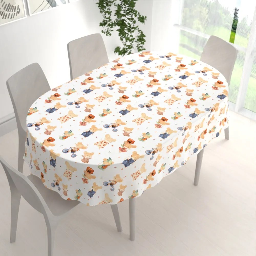 Biante Detský bavlnený oválny obrus Sandra SA-611 Hravé myšky na bielom 140x200 cm