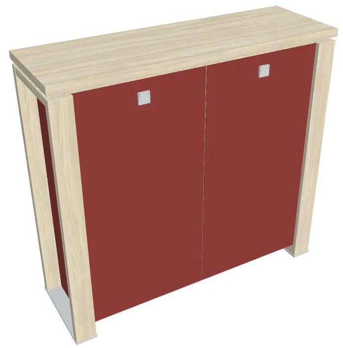 Stredná skriňa Verno+ S 140 x 46 x 130 cm, sklenené dvere, agát / červená