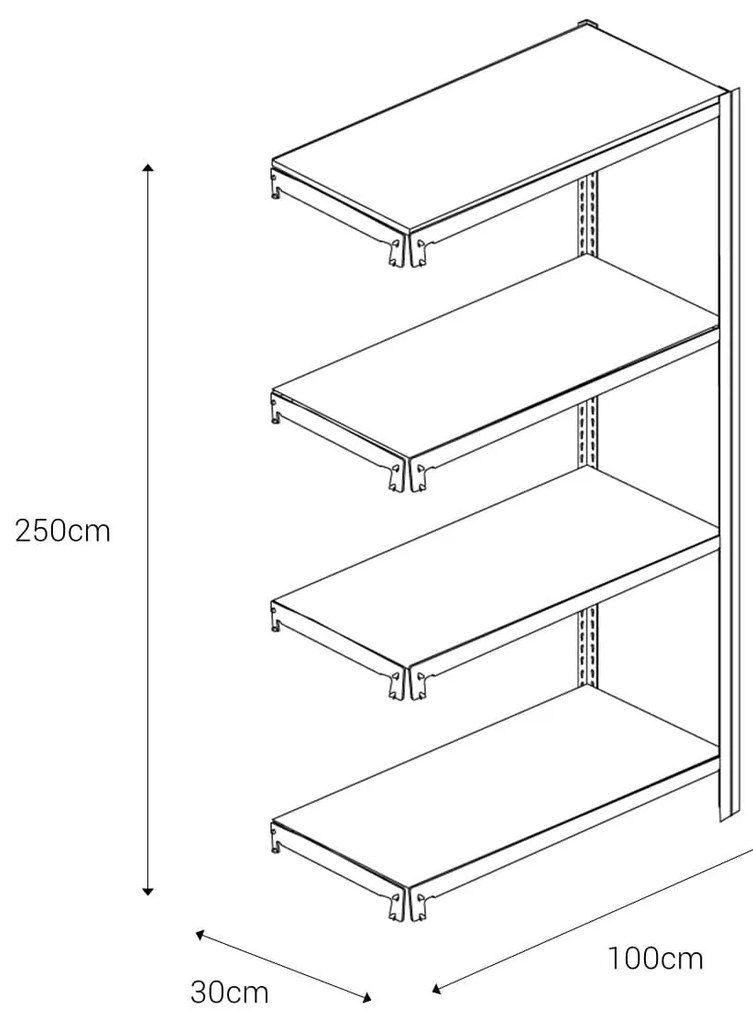 Bezskrutkový kovový regál prídavný modul 250x100x30cm T profil, 4 police