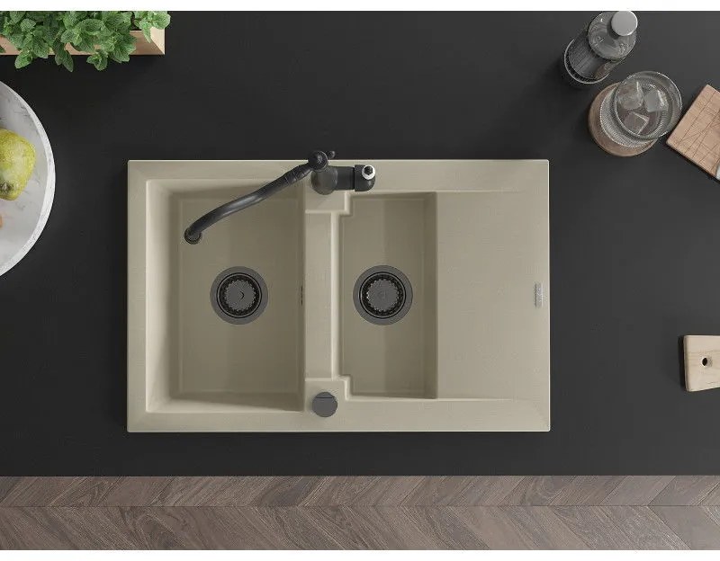 Mexen Gaspar, granitový drez 752x436x161 mm, 1,5-komorový a drezová batéria Carla, béžová, 6507-69-670700-70