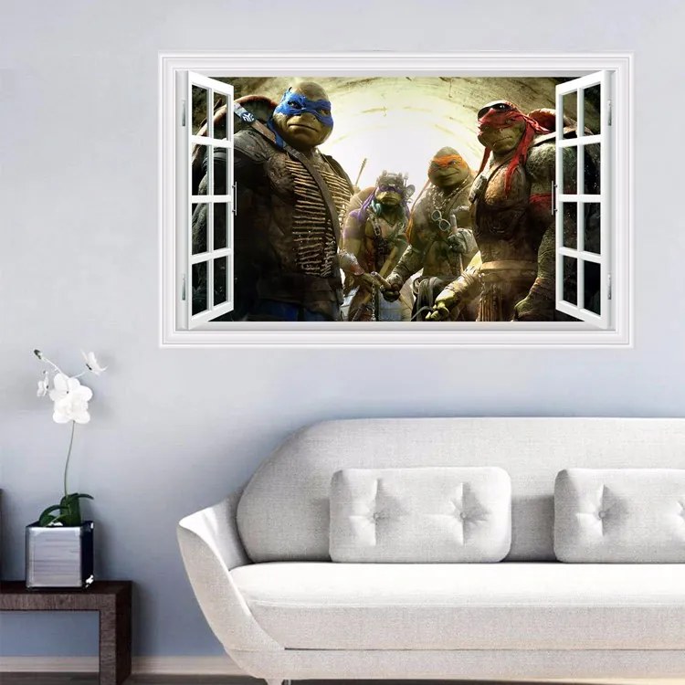 Veselá Stena Samolepka na stenu na stenu Korytnačky Ninja za oknom
